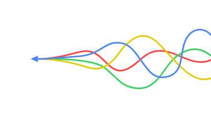 Red, green, yellow, and blue wavy lines converging into a single blue arrow pointing left on a white background