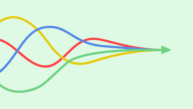 Four coloful wavy arrows move in different directions before merging into a single green arrow on a light green background