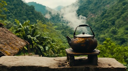 Traditional Tea Brewing with Kettle and Stove