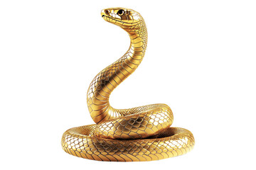 Fototapeta premium Coiled golden snake sculpture with detailed scales isolated on white transparent background, reptiles or wildlife, symbolizing Chinese Lunar New year