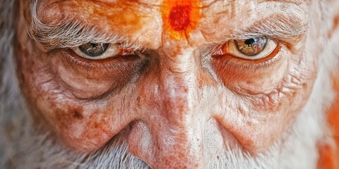 Portrait of a wise, aged man showing signs of religious devotion and contemplation. Sad expression reflecting deep spiritual reflection.
