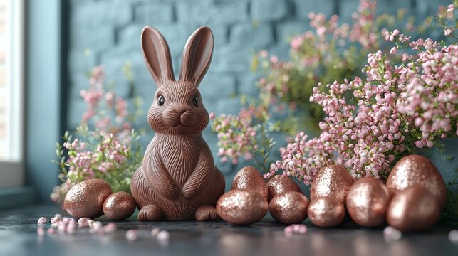 Chocolate Bunny with Easter Eggs Among Flowers