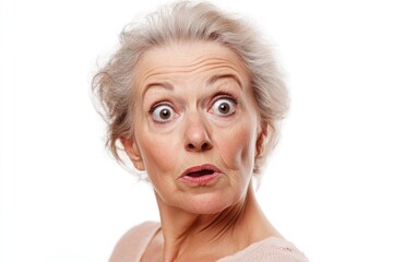 Older woman with gray hair and a surprised expression, looking directly at the camera.