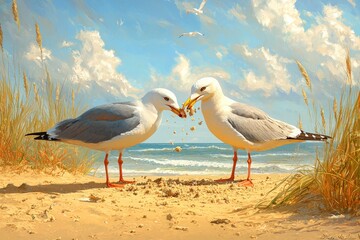 A gull sharing crumbs with another gull on a golden sandy beach