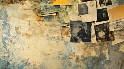 Aged Photographs Adorn a Weathered Wall Surface