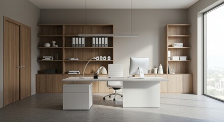 A minimalistic CEO office with a sleek white desk and modern decor