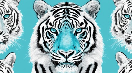 Black and white tiger face in a seamless pattern with blue eyes.