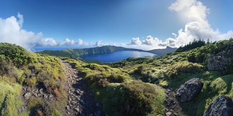 Naklejka premium Panoramic view of nature trail on volcanic island, showcasing stunning mountain backdrop with blue lake in the middle distance.