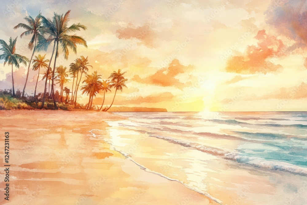 Poster Sunset over serene beach with palm trees and gentle waves reflecting vibrant colors. Generative AI