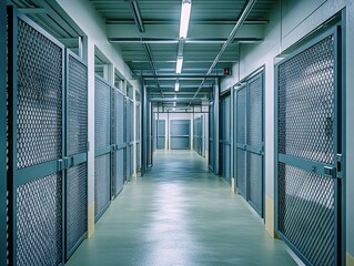 Naklejka premium A long, narrow corridor with metal bar security doors on both sides. The design suggests it could be a storage facility or an institutional building such as a prison or a secure government location.
