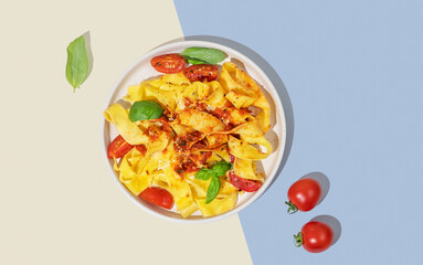 Tagliatelle or pappardelle pasta with tomato sauce, basil and parmesan cheese in a plate on a yellow and blue background with shadow.