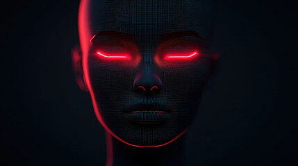 futuristic digital face with glowing red eyes in dark background