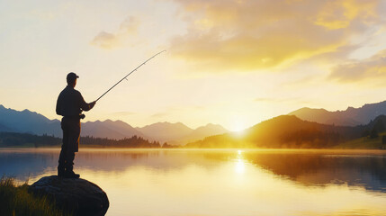 serene scene of man fishing at sunset by tranquil lake, surrounded by mountains