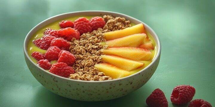 A bowl of oatmeal with mixed fruits and granola, a colorful and healthy breakfast or snack option.