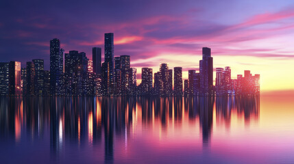 Obraz premium Stunning city skyline at sunset with vibrant colors reflecting on water