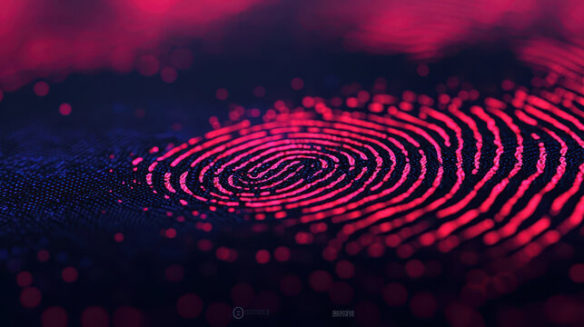 glowing digital fingerprint pattern in vibrant red and blue hues symbolizes technology and security