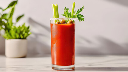 Fototapeta premium classic Bloody Mary cocktail garnished with celery, olives, and parsley in sunlit setting