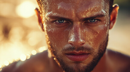 Closeup of sweaty athlete face looking at camera with serious face expression, outdoor hot sunny summer day workout training lifestyle. young man running jogging outside, cardio exercise fitness.