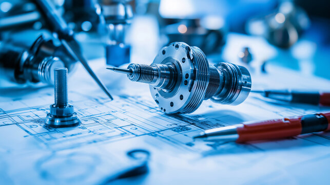 A CNC-machined aluminum part sits perfectly aligned on a high-resolution technical blueprint, surrounded by drafting tools and precision measuring instruments.