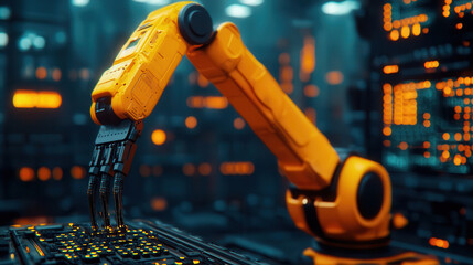 robotic arm operates in futuristic factory, assembling electronic components