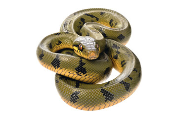 Obraz premium Coiled yellow and black patterned snake, isolated on white transparent background, reptiles or wildlife, symbolizing Chinese Lunar New year