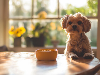 A dorable yorkie Ppuppy at mealtime