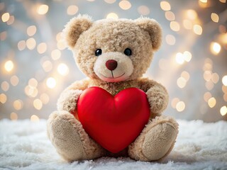 Obraz premium Valentine's Day Teddy Bear Cuddle Red Heart High Depth of Field