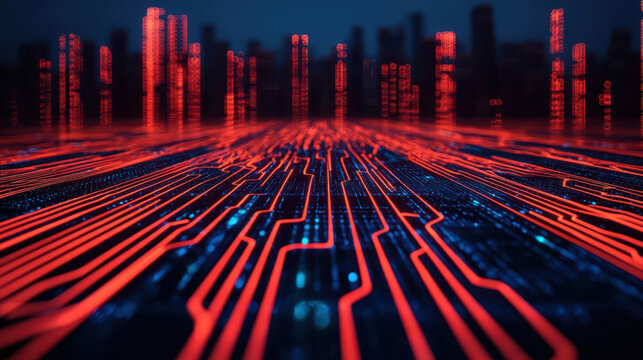 digital landscape with glowing red circuit lines and city skyline