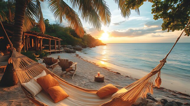 Tropical beach sunset hammock relaxation resort