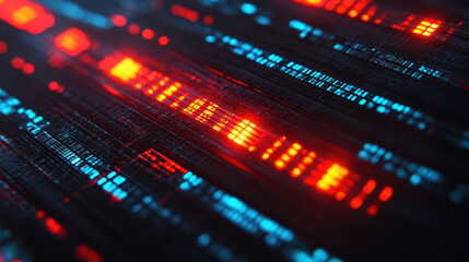 Obraz premium Abstract digital data stream with glowing red and blue lights, representing technology and cybersecurity