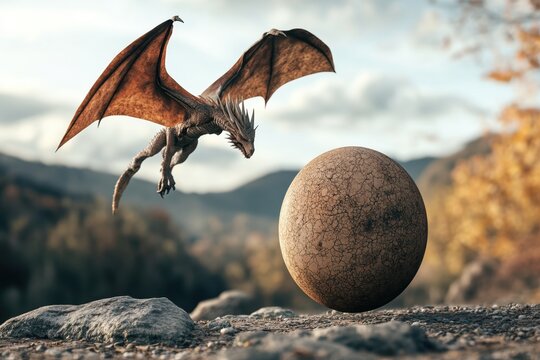 Majestic dragon soaring over a giant egg in a mystical landscape