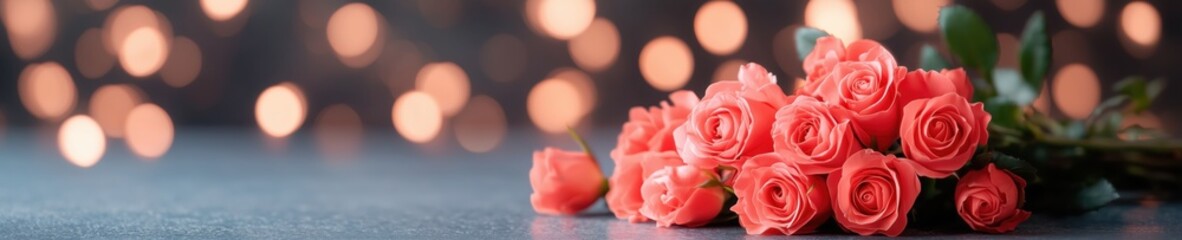 Obraz premium Beautiful bouquet of pink roses on a table with soft bokeh lights in the background for a romantic setting