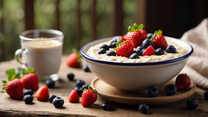Oatmeal Artistry in Natural Style, Rustic Wooden and Fresh Berry Healthy Meal