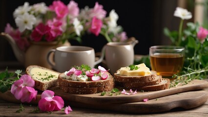 Still Life Delicacy in Rustic Style, Warm Natural and Earthy Breakfast Arrangement