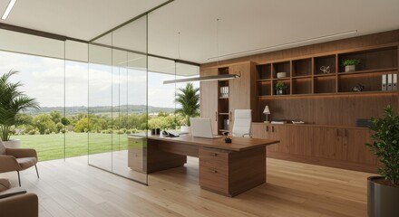 A contemporary CEO office with a sleek wooden desk and an executive chair at its center