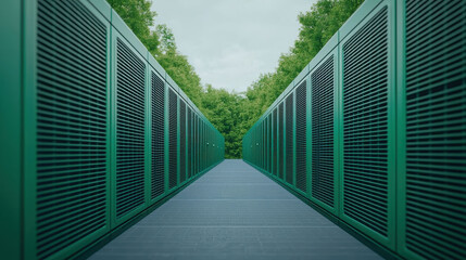green data center with rows of servers surrounded by lush trees, showcasing eco friendly technology