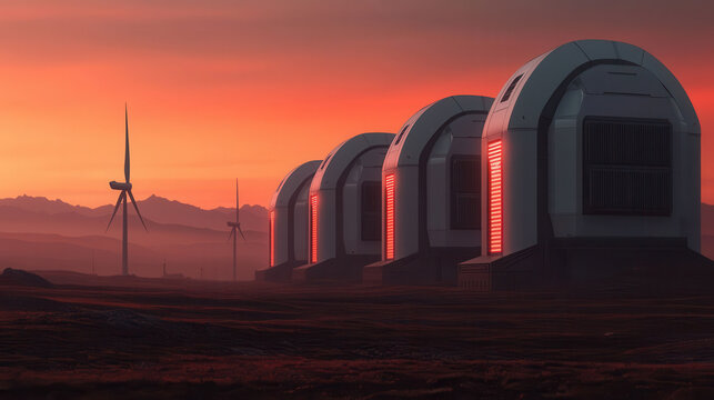 Futuristic wind farms with secure structures at sunset in serene landscape