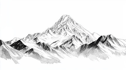 detailed black and white illustration of majestic mountains, showcasing their peaks and valleys in minimalist style