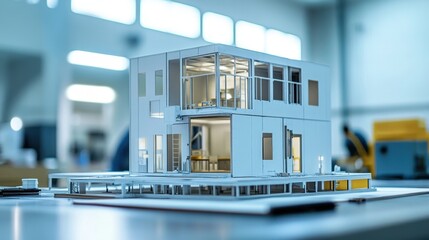 Obraz premium Detailed architectural model of a modern building, highlighting innovative design and construction techniques. The setting suggests a professional workspace focused on architecture
