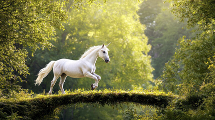 majestic unicorn gracefully trots across lush, green bridge in serene forest. sunlight filters through trees, creating magical atmosphere