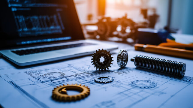 An industrial drafting table covered with blueprints of high-precision gears and mechanical parts, with measurement tools and a laptop displaying a 3D CAD model.