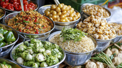 Fresh vegetables and colorful spices displayed in bowls at market, showcasing vibrant food culture and variety