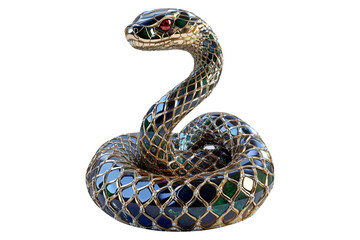 Fototapeta premium Elegant emerald snake sculpture with mosaic patterns and blue gemstones isolated on white transparent background, reptiles or wildlife, symbolizing Chinese Lunar New year