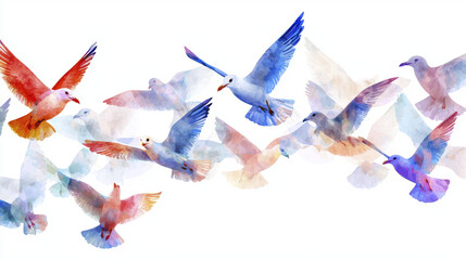 Fototapeta premium Colorful flock of seagulls flying in watercolor style, creating serene atmosphere
