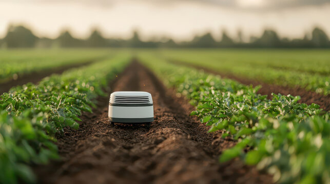 smart farming robot navigates lush green field using advanced technology