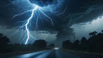 A stormy night on a residential street with a powerful lightning strike.