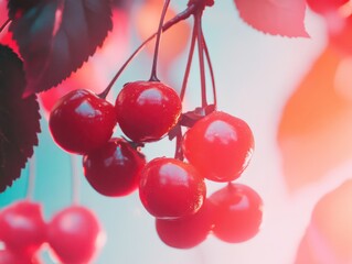 Ripe cherries hang in the air displaying their redness
