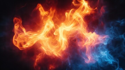 Fiery, smoky digital art; red, blue flames, dark background; design element
