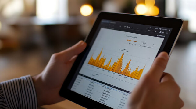 Engaging with data analytics on a tablet in a modern workspace during the afternoon