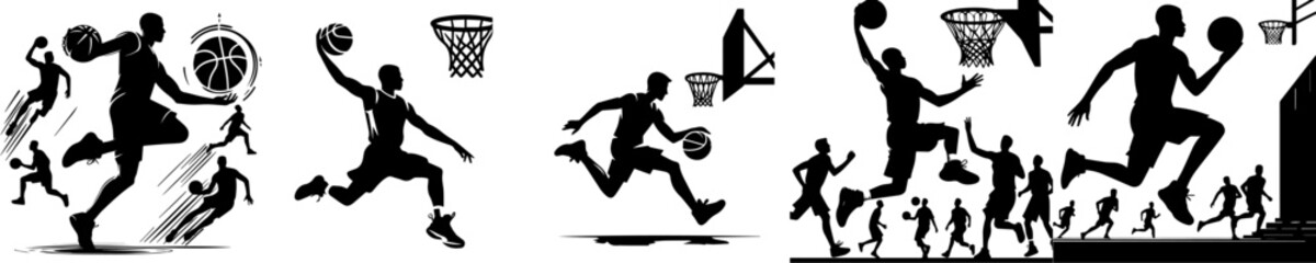vector set of silhouettes of men playing basketball